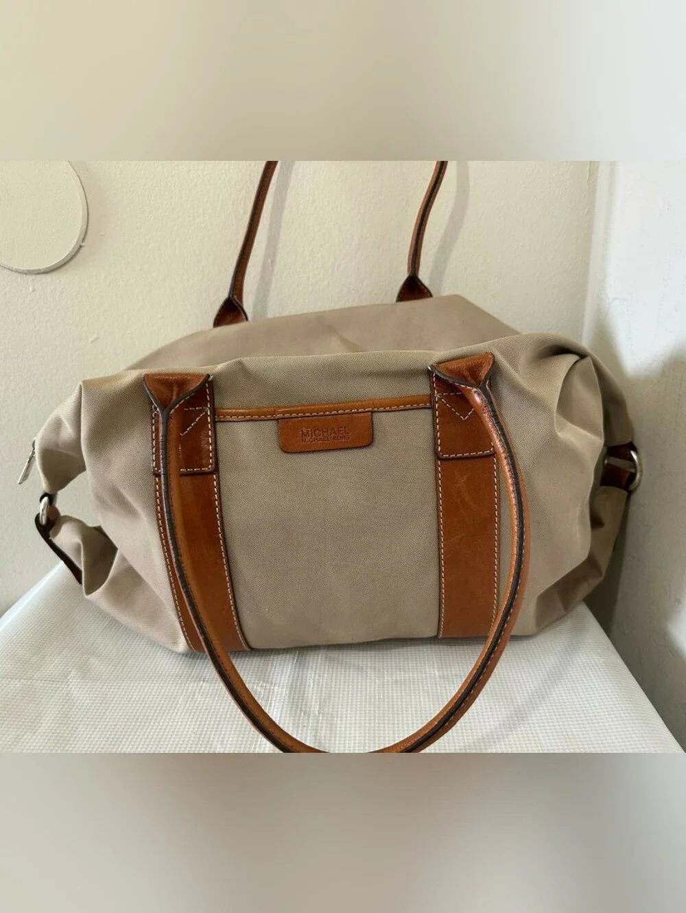 Michael Kors Khaki Canvas Leather Travel Duffle Bag Holdall Carry-On